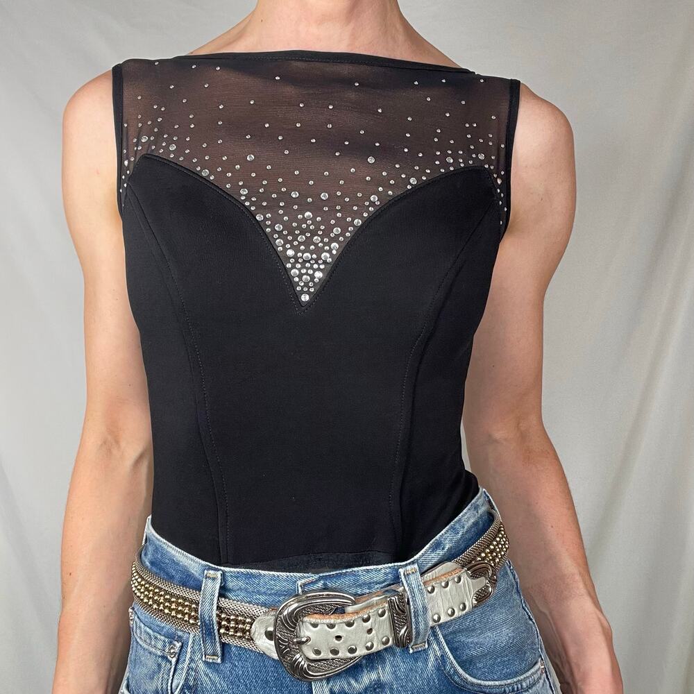 Cache vintage rhinestone bodysuit sleeveless illusion sweetheart Tadashi 90s S - Picture 15 of 17